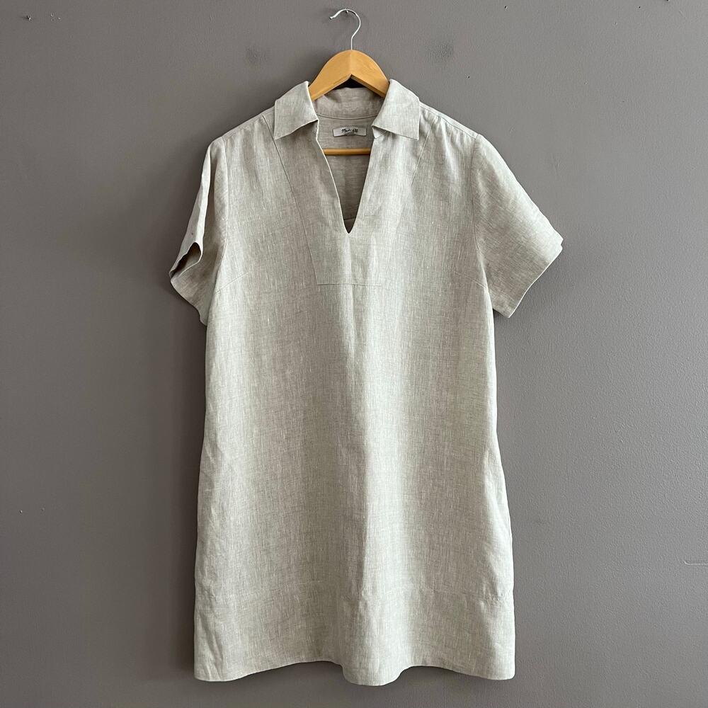 Madewell Women’s V-Neck Mini Dress Medium 100% Linen Natural Beige Pockets